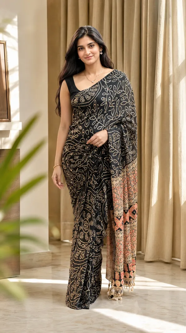Black_Bandhej_Real_mirror_work_with_blouse_Piece