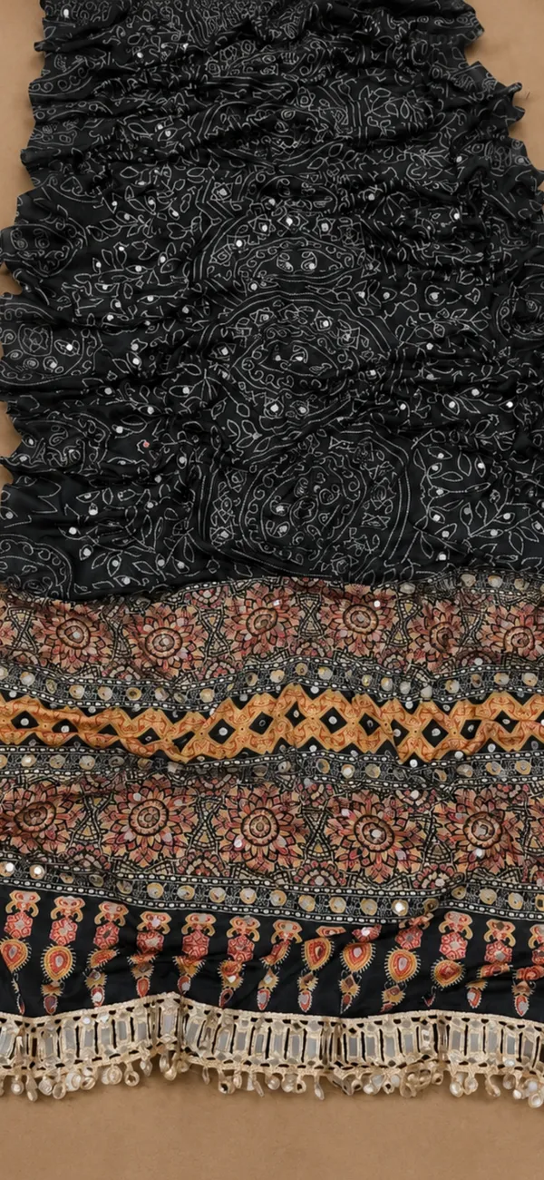 Black_Bandhej_Real_mirror_work_with_blouse_Piece
