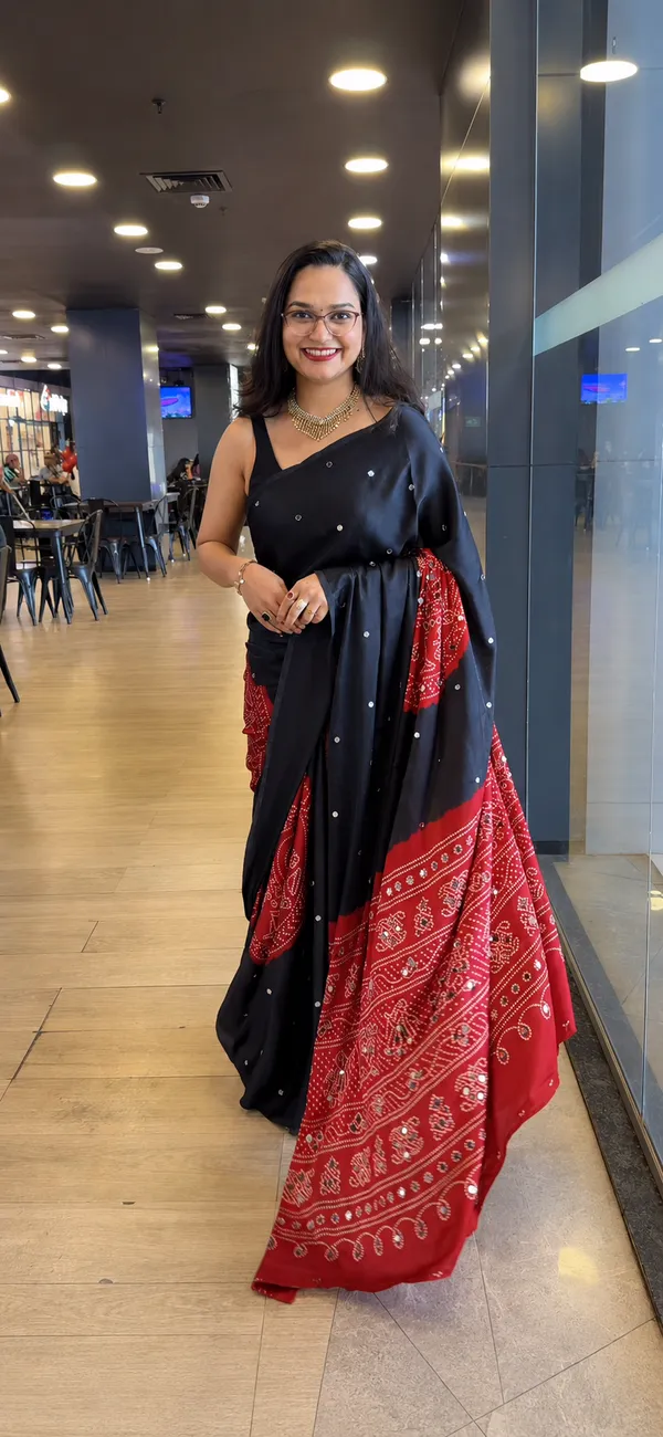 Black_Real_Mirror_work_Soft_And_Smooth_Bandhej__Gajji_Silk_Saree