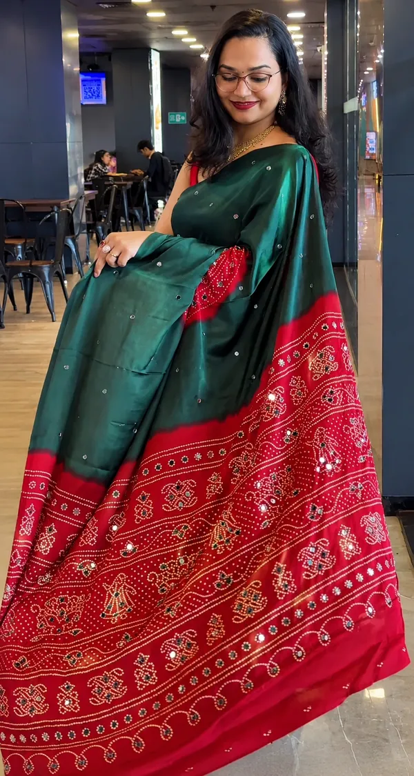 Green_Real_Mirror_work_Soft_And_Smooth_Bandhej__Gajji_Silk_Saree