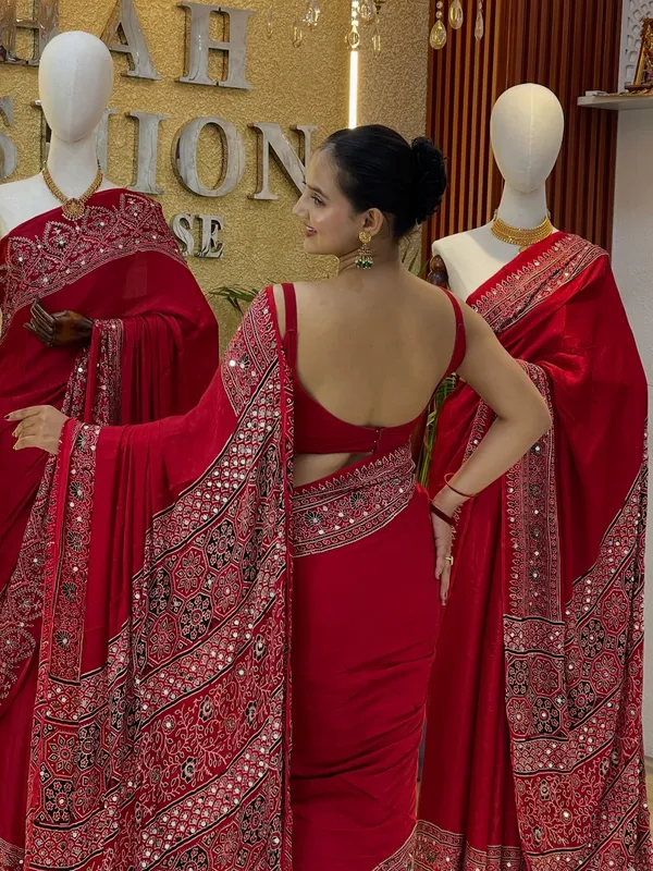 Karvachoth_Special_Attractive_Red_Ajarakh_Saree_with_Real_Mirror_Work_For_Women