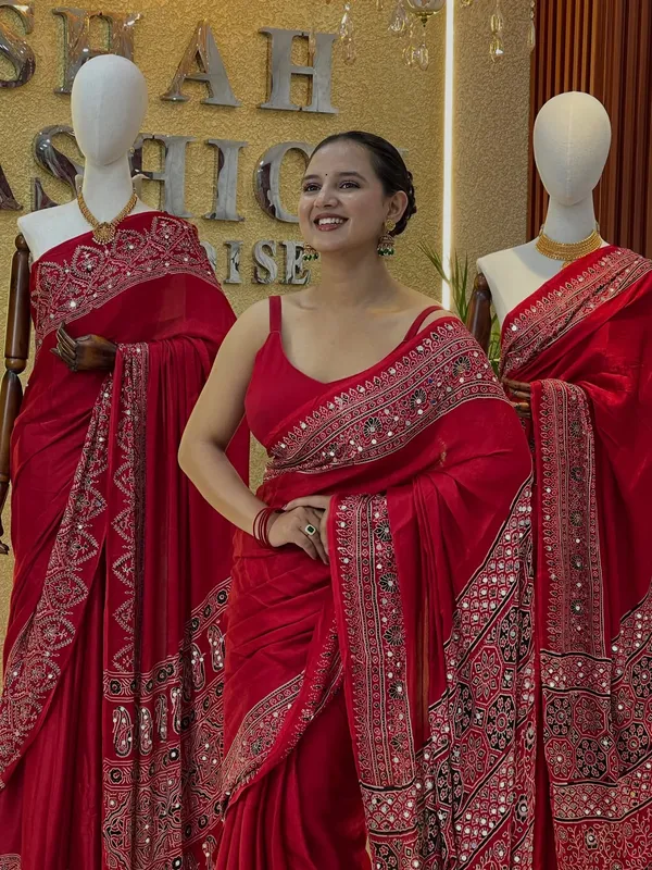 Karvachoth_Special_Attractive_Red_Ajarakh_Saree_with_Real_Mirror_Work_For_Women