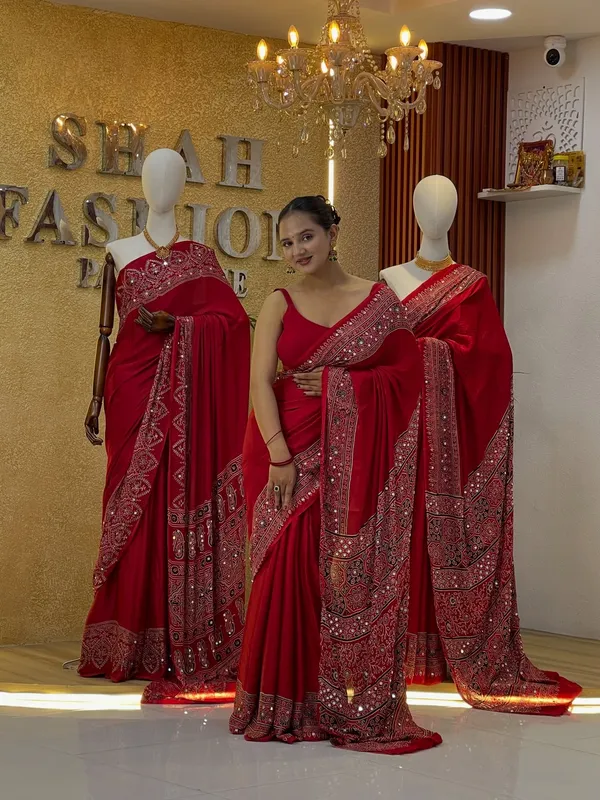 Karvachoth_Special_Attractive_Red_Ajarakh_Saree_with_Real_Mirror_Work_For_Women
