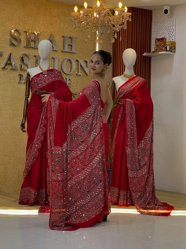 Karvachoth_Special_Attractive_Red_Ajarakh_Saree_with_Real_Mirror_Work_For_Women