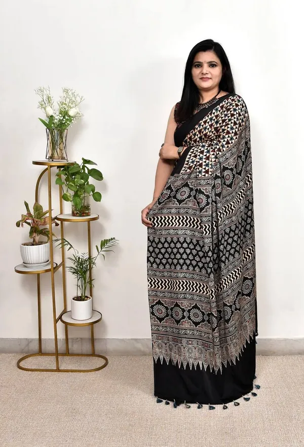 Mahek_Black_Modal_Silk_Saree_with_Ajrakh_Inspired_Print