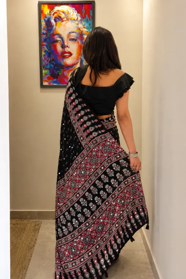 Ruhani_Black_Ajrakh_printed_saree_with_mirror_work_and_blouse_set