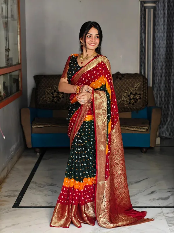 Multi_Color_Soft_Kanjivaram_Bandhani_Cotton_Silk_Saree_with_Hand-Dyed_Print_|_Traditional_Festive_&_Party_Wear_with_Matching_Blouse