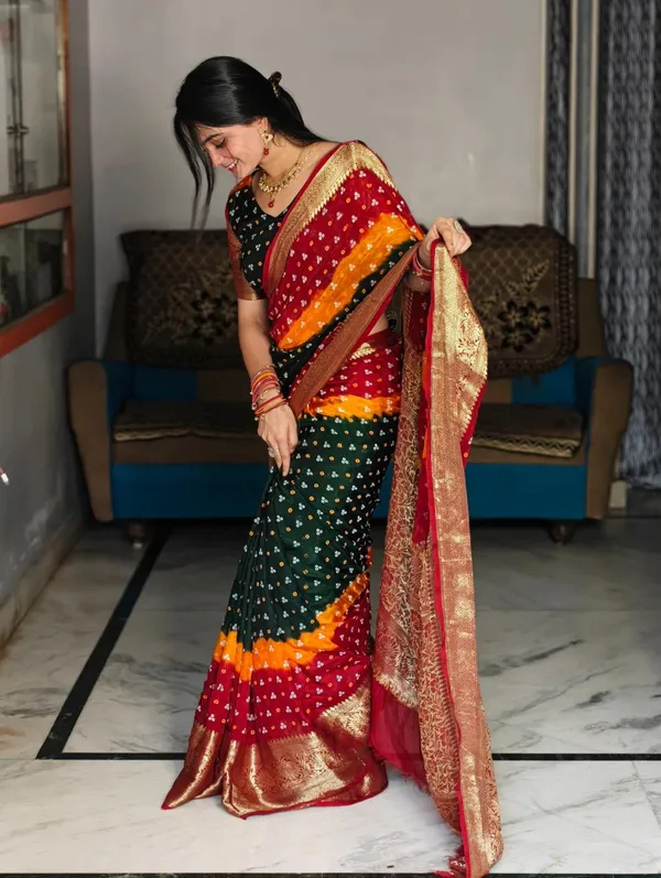 Multi_Color_Soft_Kanjivaram_Bandhani_Cotton_Silk_Saree_with_Hand-Dyed_Print_|_Traditional_Festive_&_Party_Wear_with_Matching_Blouse