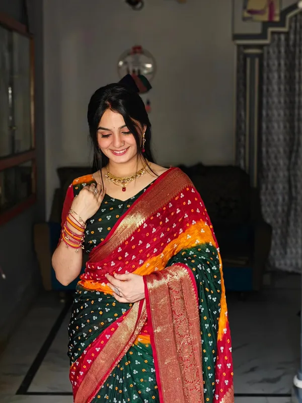 Multi_Color_Soft_Kanjivaram_Bandhani_Cotton_Silk_Saree_with_Hand-Dyed_Print_|_Traditional_Festive_&_Party_Wear_with_Matching_Blouse