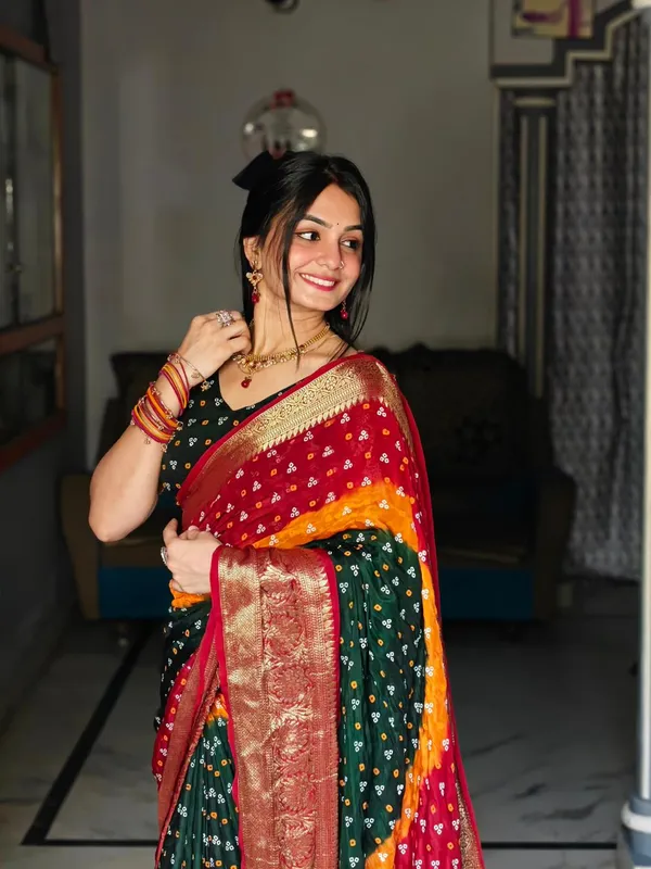 Multi_Color_Soft_Kanjivaram_Bandhani_Cotton_Silk_Saree_with_Hand-Dyed_Print_|_Traditional_Festive_&_Party_Wear_with_Matching_Blouse