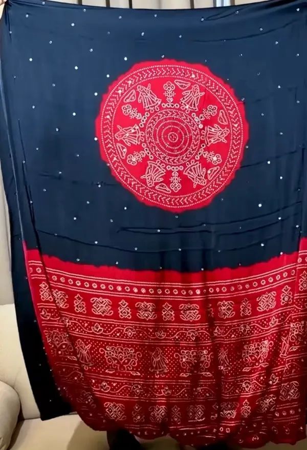 Navy_Blue_Real_Mirror_work_Soft_And_Smooth_Bandhej__Gajji_Silk_Saree_with_Red_pallu