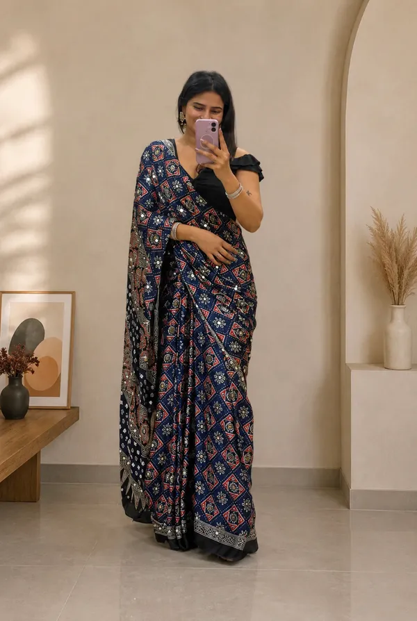 New_Arival_Ajarakh_Blue_modal_Silk_Real_Mirror_saree_with_blouse_Piece