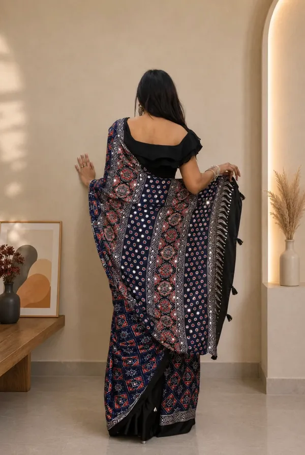 New_Arival_Ajarakh_Blue_modal_Silk_Real_Mirror_saree_with_blouse_Piece