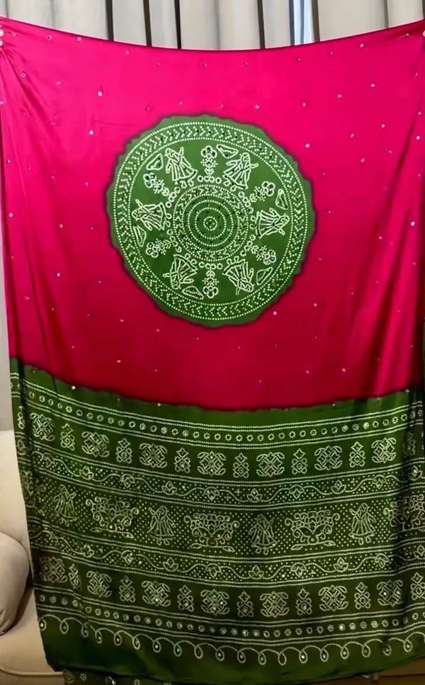 Pink_Real_Mirror_work_Soft_And_Smooth_Bandhej__Gajji_Silk_Saree_with_Green_pallu