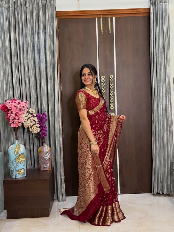 Pooja_Saree_Maroon_Bandhej_Butta_with_blouse_for_Women