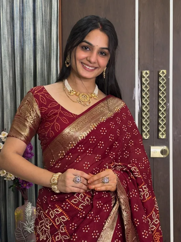 Pooja_Saree_Maroon_Bandhej_Butta_with_blouse_for_Women