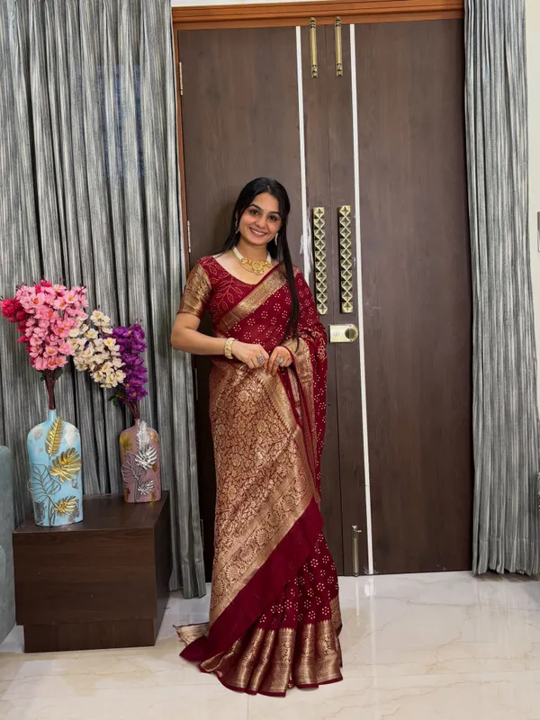 Pooja_Saree_Maroon_Bandhej_Butta_with_blouse_for_Women