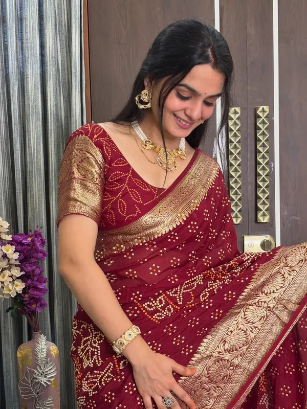 Pooja_Saree_Maroon_Bandhej_Butta_with_blouse_for_Women