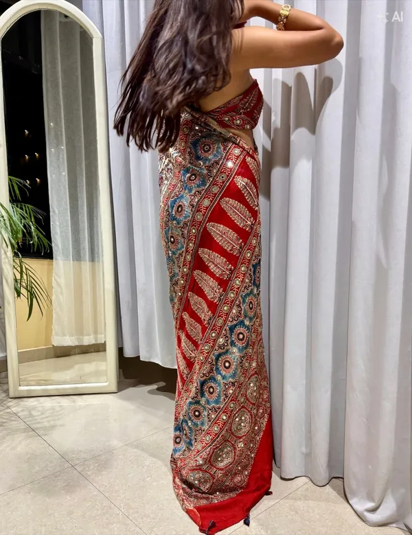 Premium_Ajarakh_Print_Cream_Modal_Silk_Saree_with_Real_Mirror_Work