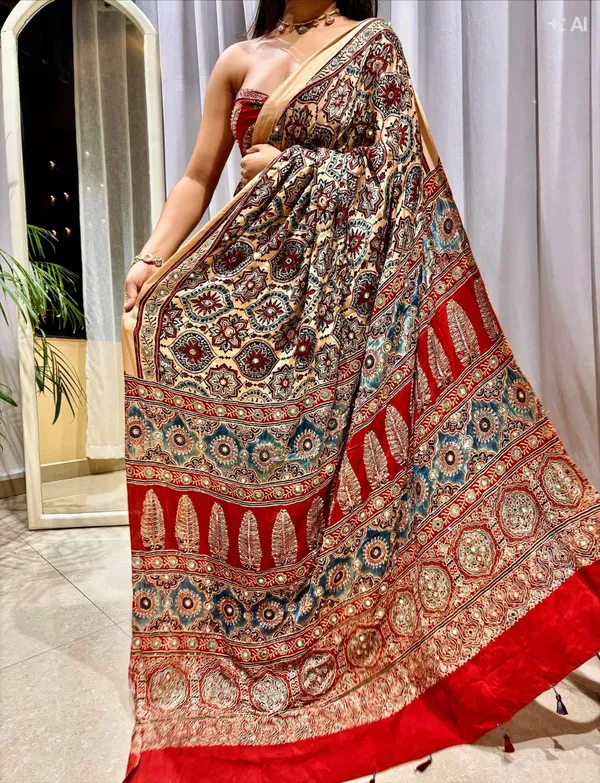 Premium_Ajarakh_Print_Cream_Modal_Silk_Saree_with_Real_Mirror_Work