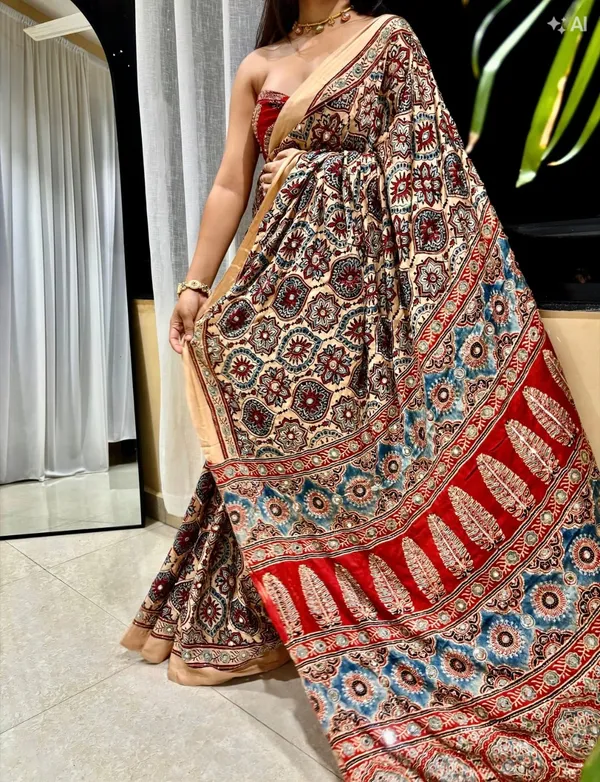 Premium_Ajarakh_Print_Cream_Modal_Silk_Saree_with_Real_Mirror_Work