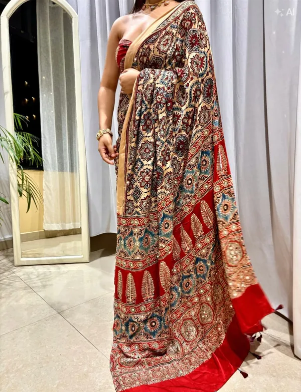 Premium_Ajarakh_Print_Cream_Modal_Silk_Saree_with_Real_Mirror_Work