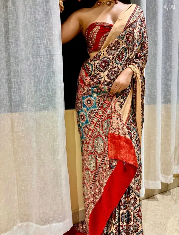Premium_Ajarakh_Print_Cream_Modal_Silk_Saree_with_Real_Mirror_Work