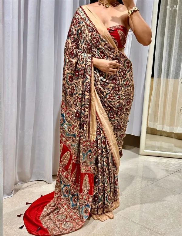 Premium_Ajarakh_Print_Cream_Modal_Silk_Saree_with_Real_Mirror_Work