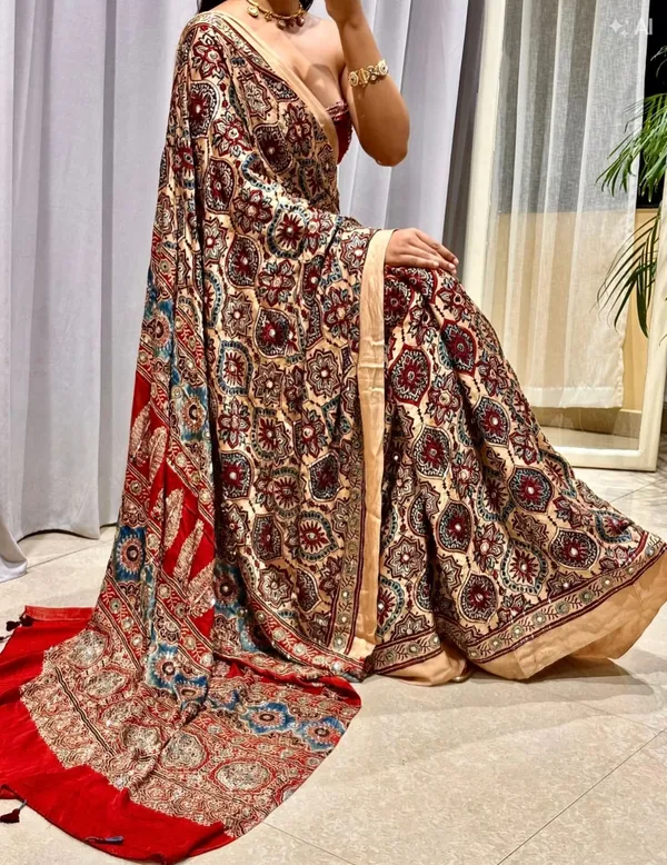 Premium_Ajarakh_Print_Cream_Modal_Silk_Saree_with_Real_Mirror_Work