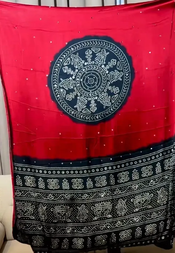 Red_Real_Mirror_work_Soft_And_Smooth_Bandhej__Gajji_Silk_Saree_with_black_pallu