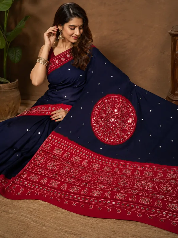 Navy_Blue_Real_Mirror_work_Soft_And_Smooth_Bandhej__Gajji_Silk_Saree_with_Red_pallu