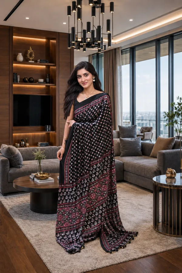 isha_Ajarakh_Modal_silk_louts_Mirror_Work_Saree_with_blouse_Piece