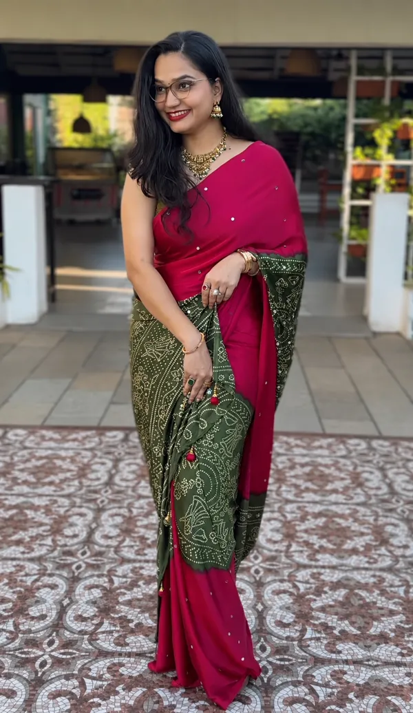 Pink_Real_Mirror_work_Soft_And_Smooth_Bandhej__Gajji_Silk_Saree_with_Green_pallu