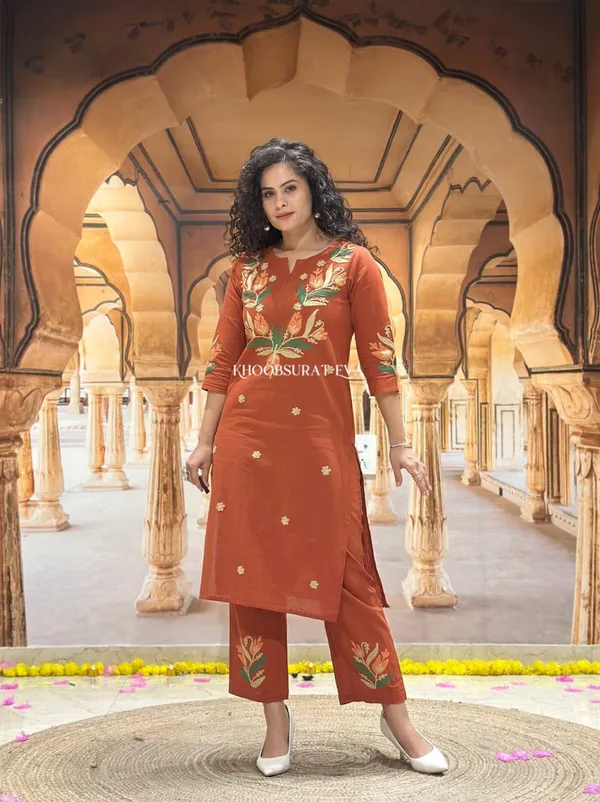 Rust_Orange_Embroidered_Kurta_Set_With_Floral_Pants