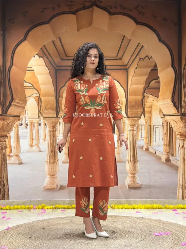 Rust_Orange_Embroidered_Kurta_Set_With_Floral_Pants