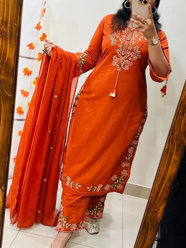 Rust_Emboridery_Yog_Kurti_With_Pant_And_Emboridery_Duppta_Sat