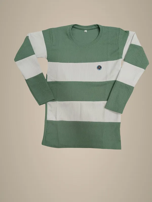 Green_And_White_Striped_Ribbed_Knit_Full_Sleeve_T-Shirt