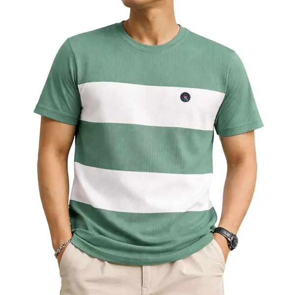 Men'S_Striped_Half_Sleeve_T-Shirt_-_Green_&_White