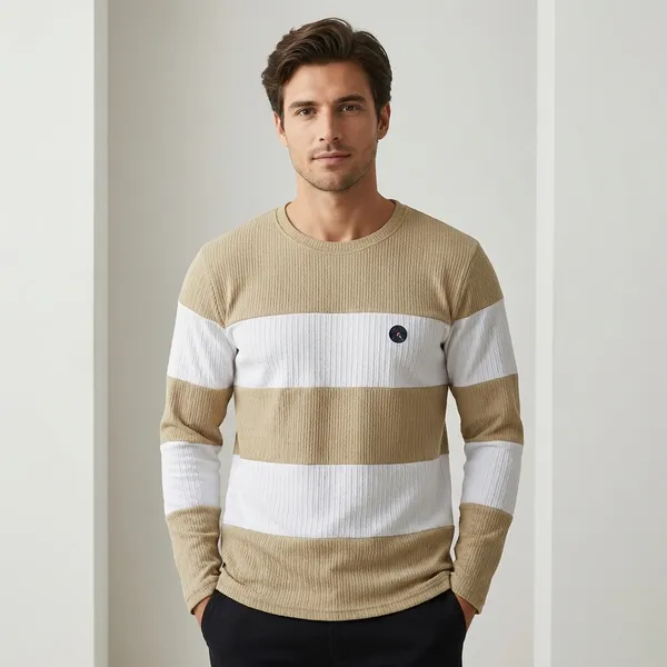 Men'S_Striped_Full_Sleeve_T-Shirt_-_Beige_And_White