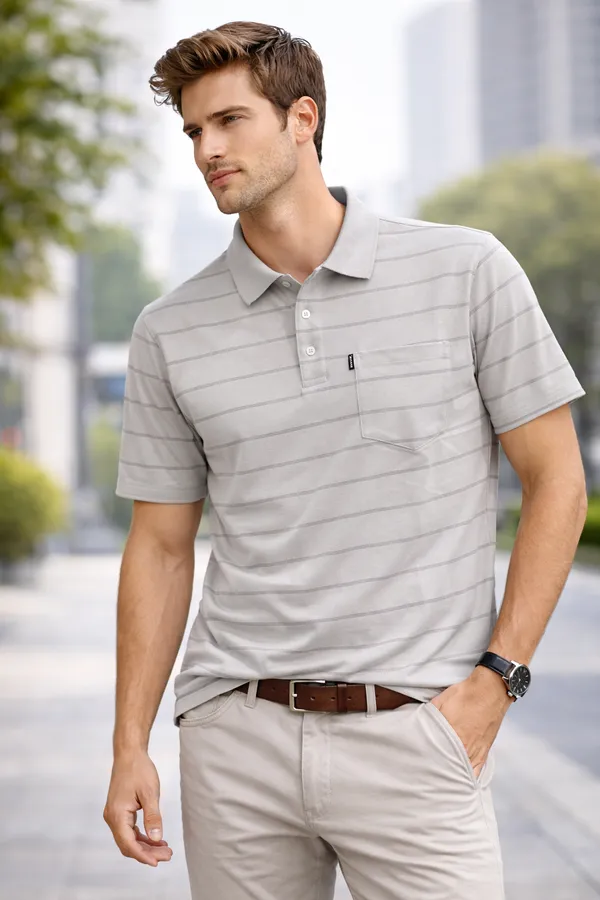 Men'S_Sage_Grey_Polo_T-Shirt_With_Chest_Stripe_And_Zip_Collar