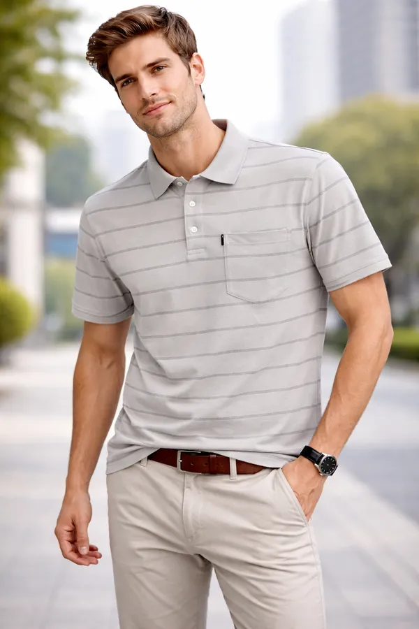 Men'S_Sage_Grey_Polo_T-Shirt_With_Chest_Stripe_And_Zip_Collar