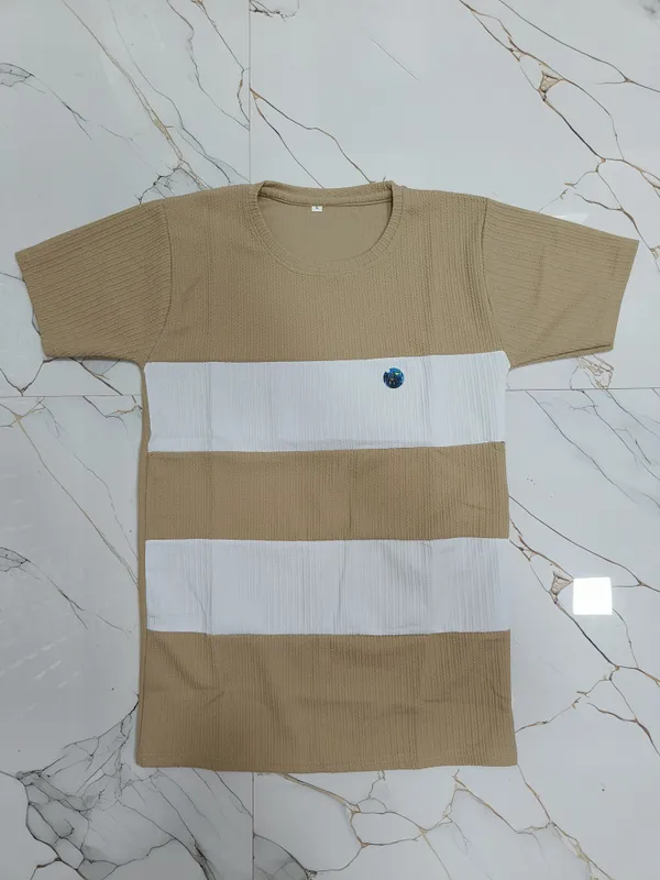 Tan_And_White_Striped_Casual_T-Shirt_For_Men