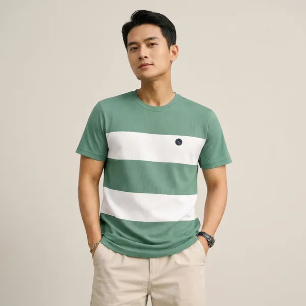 Men'S_Striped_Half_Sleeve_T-Shirt_-_Green_&_White