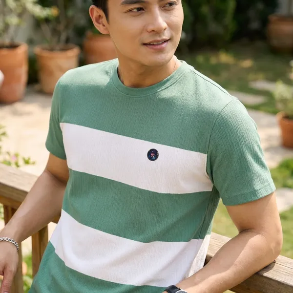 Men'S_Striped_Half_Sleeve_T-Shirt_-_Green_&_White