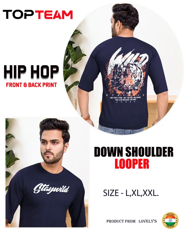 Men'S_Navy_Blue_Graphic_Print_T-Shirt_-_Hip_Hop_Down_Shoulder_Looper_With_Front_&_Back_Print