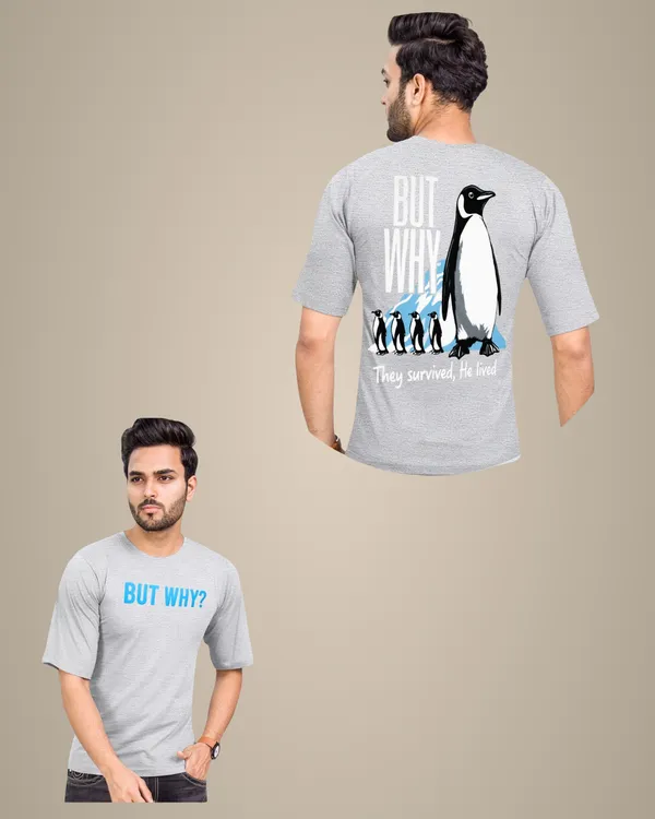 Men'S_Grey_Hip_Hop_Penguin_Print_Looper_T-Shirt_-_Down_Shoulder_Style