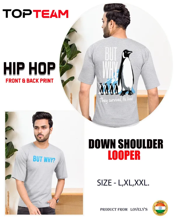 Men'S_Grey_Hip_Hop_Penguin_Print_Looper_T-Shirt_-_Down_Shoulder_Style