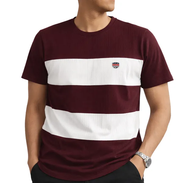Men'S_Maroon_And_White_Striped_Cotton_T-Shirt_With_Chest_Pocket