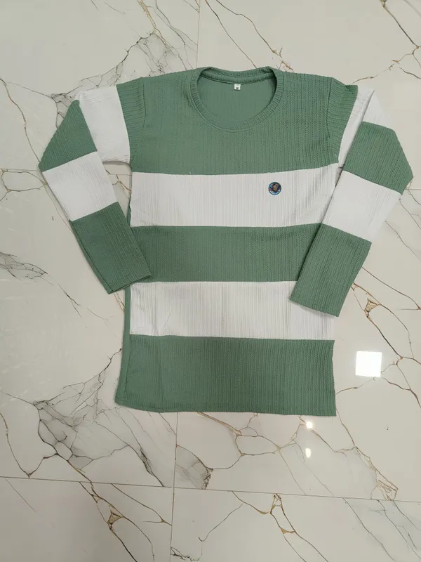 Green_And_White_Striped_Ribbed_Knit_Full_Sleeve_T-Shirt