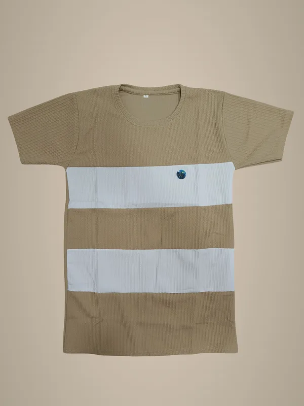 Tan_And_White_Striped_Casual_T-Shirt_For_Men